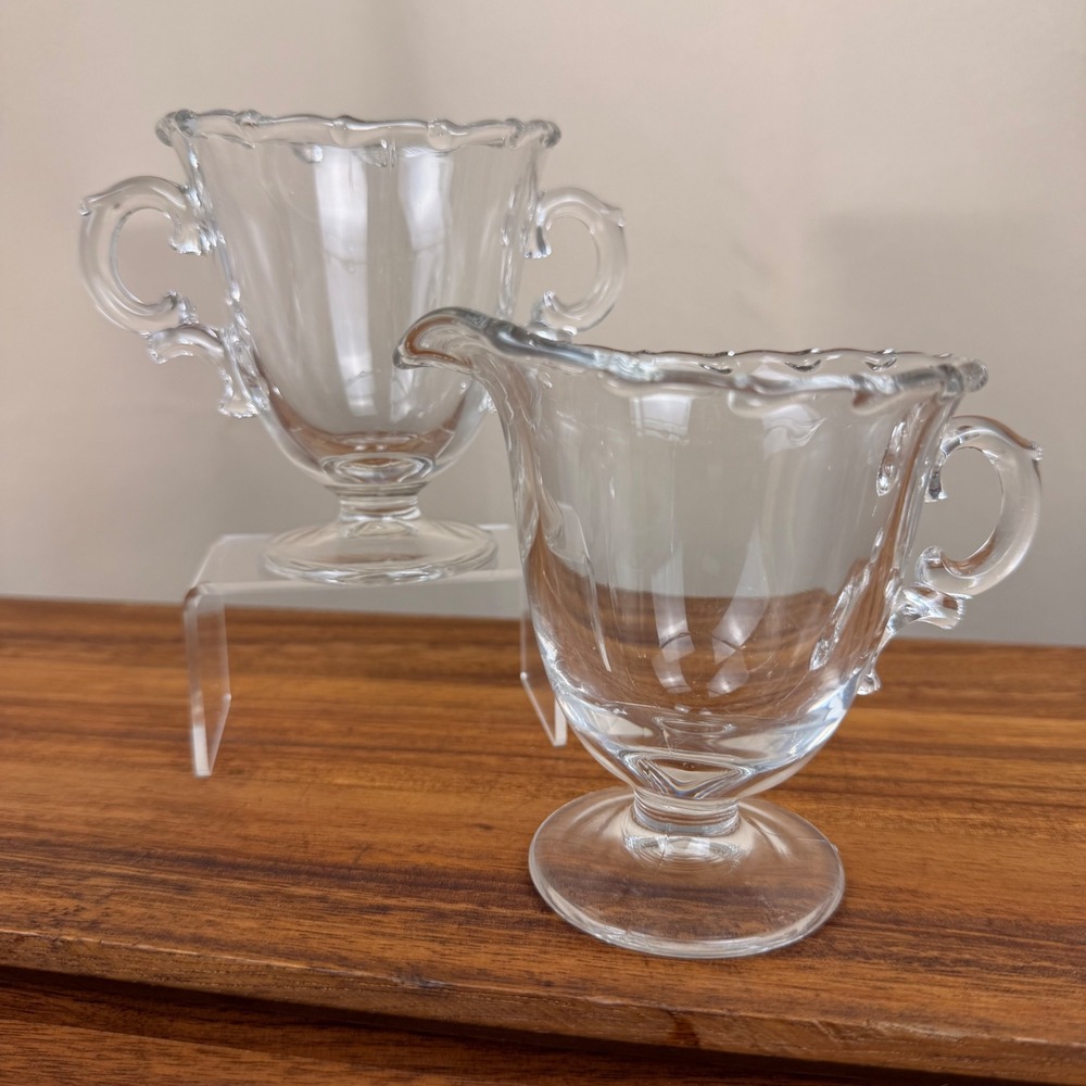 Vintage Fostoria Century Glass Creamer & Sugar Bowl Set Scalloped Edge Pedestal